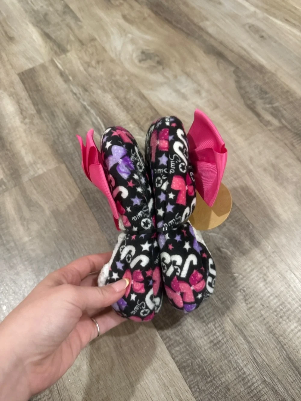 Pink Bow Plush Baby Slipper with Heart & Star Print no size- Jojo Siwa